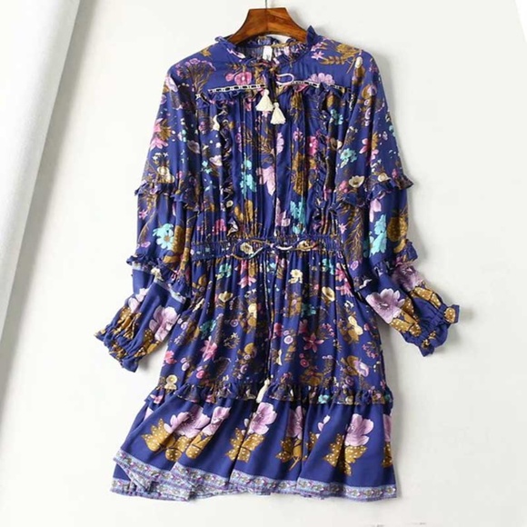 Boho chic gypsy purple floral print Midi Dress - Picture 2 of 3